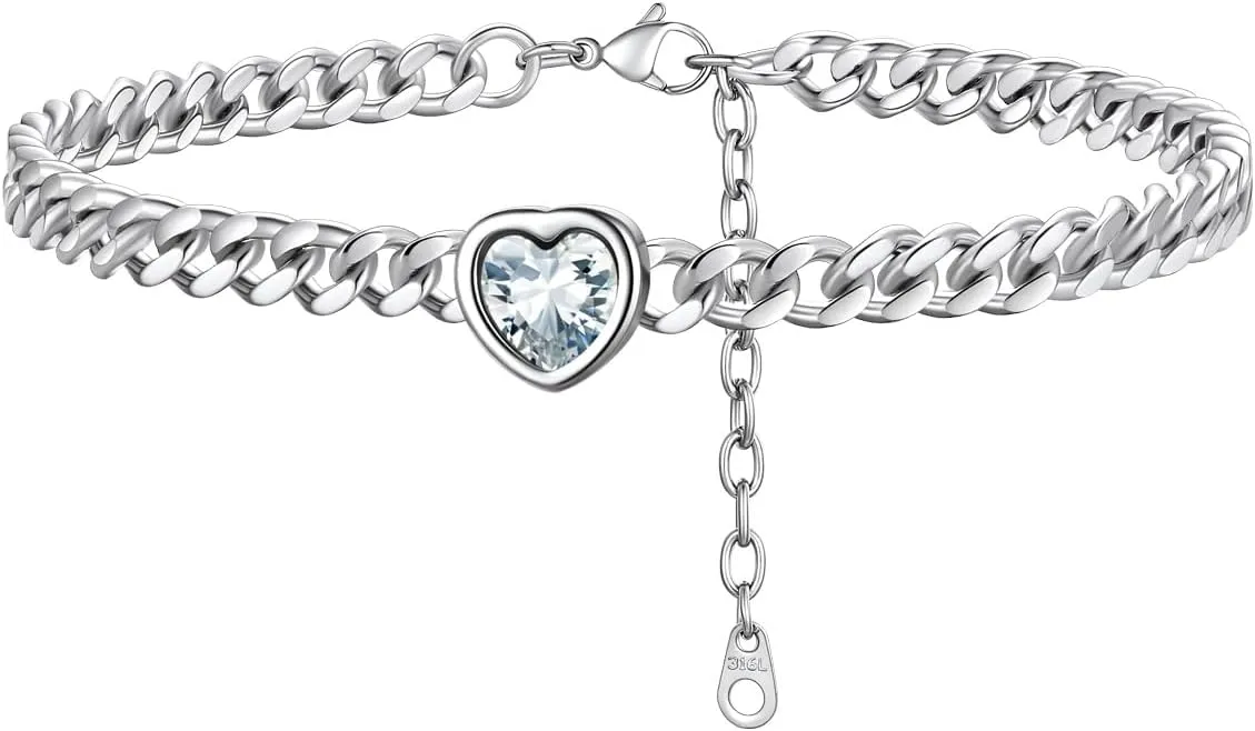 ChainsProMax Womens Anklets Heart Ankle Bracelets for Women Waterproof 5MM Cuban Link Anklets with Birthstone, Stainless Steel-Send Gift Box