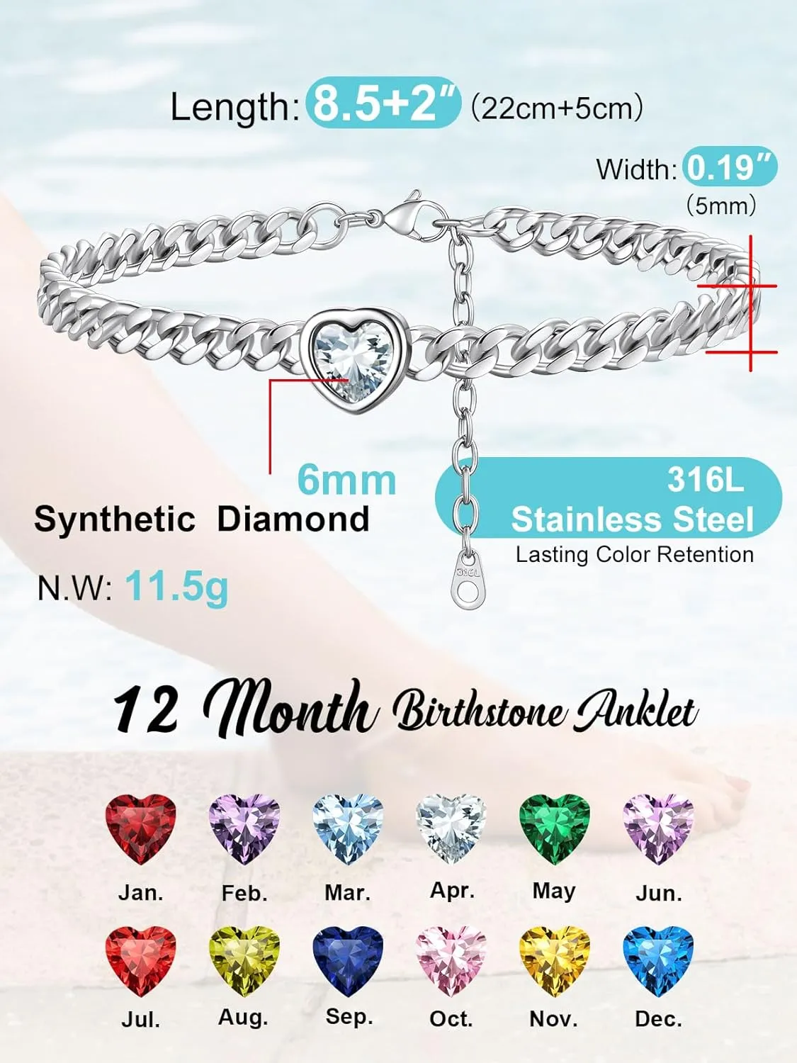 ChainsProMax Womens Anklets Heart Ankle Bracelets for Women Waterproof 5MM Cuban Link Anklets with Birthstone, Stainless Steel-Send Gift Box