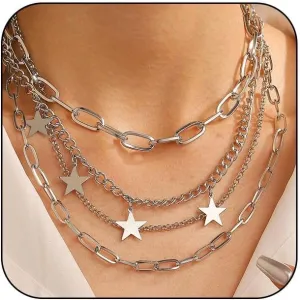 Charm Silver Layered Heart Stars Pendent Necklace for Women, Sparkly Love Snake Paper Clip Chain Collarbone Choker Necklaces Set Valentine Jewelry Gift