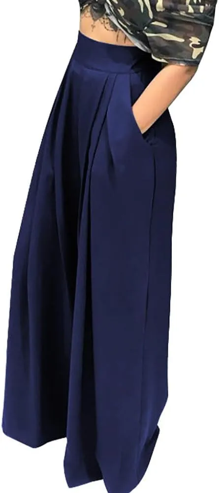 Chatinction Women's Casual Palazzo Pants High Waist Pleated Polka Dot Printed Wide Leg Pants with Pockets