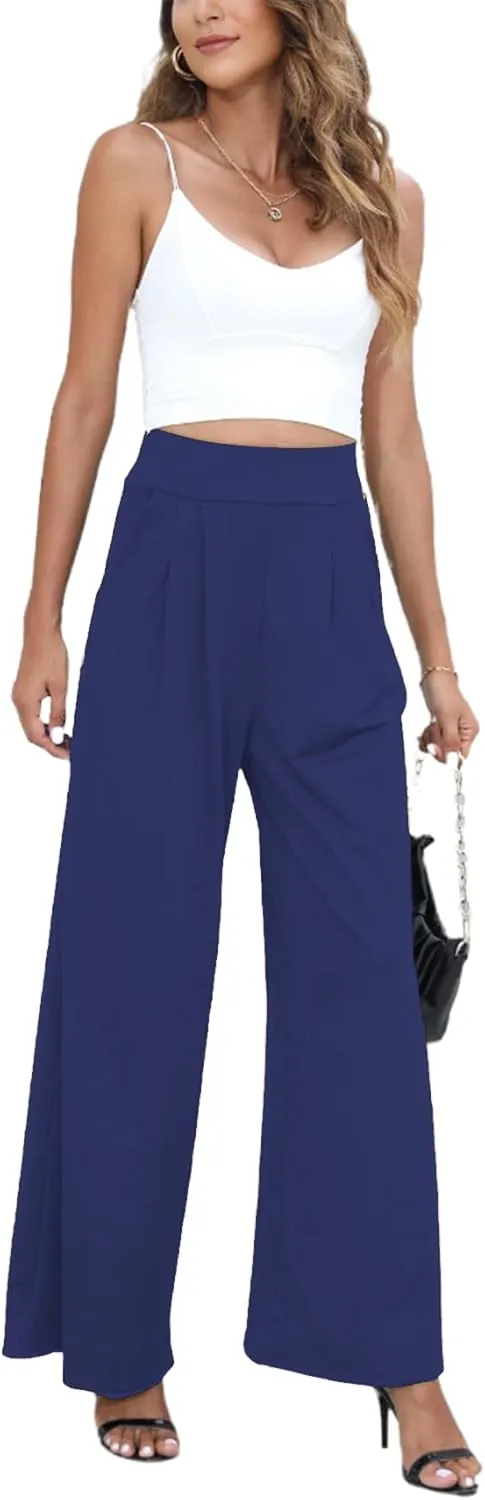 Chatinction Women's Casual Palazzo Pants High Waist Pleated Polka Dot Printed Wide Leg Pants with Pockets
