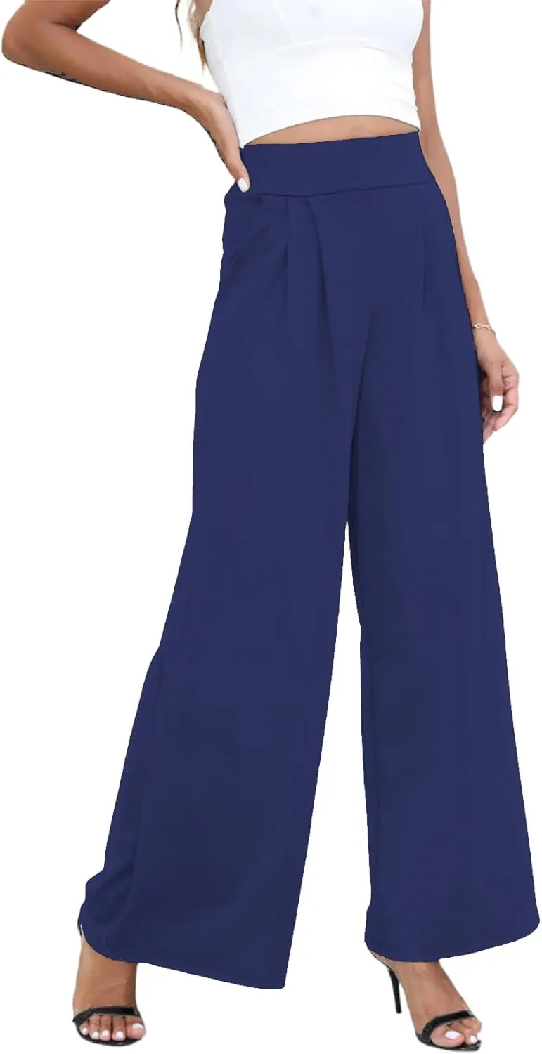Chatinction Women's Casual Palazzo Pants High Waist Pleated Polka Dot Printed Wide Leg Pants with Pockets
