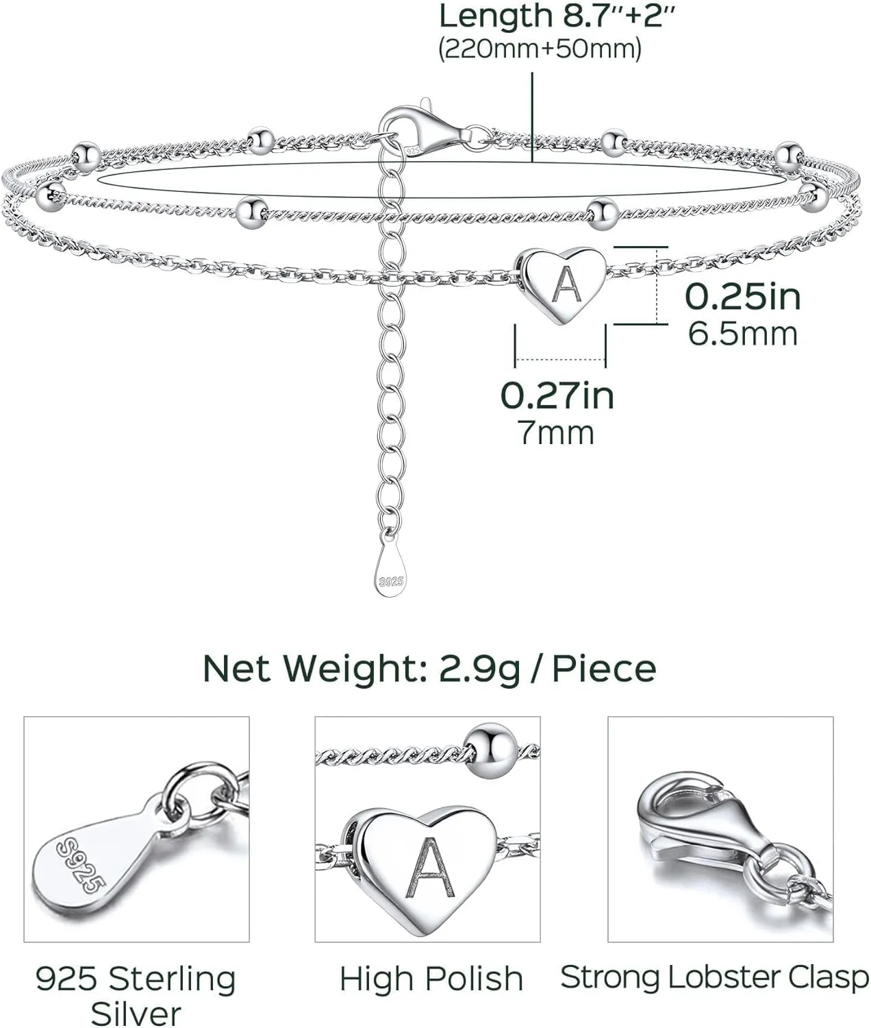 ChicSilver Sterling Silver Anklets for Women 925 Ankle Bracelets for Women Layered Heart Anklet With Beaded Anklets for Women (With Gift Box)