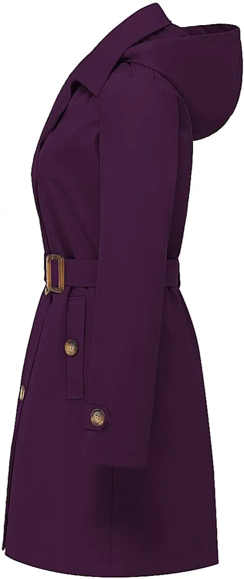 Chrisuno Women's Double Breasted Long Trench Coats Mid-Length Belted Overcoat Dress Jacket with Detachable Hood
