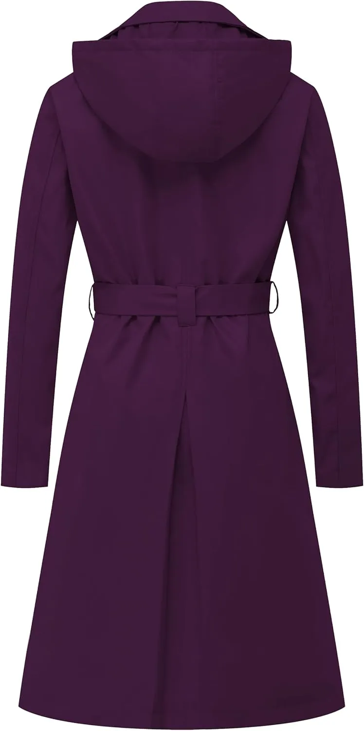 Chrisuno Women's Double Breasted Long Trench Coats Mid-Length Belted Overcoat Dress Jacket with Detachable Hood