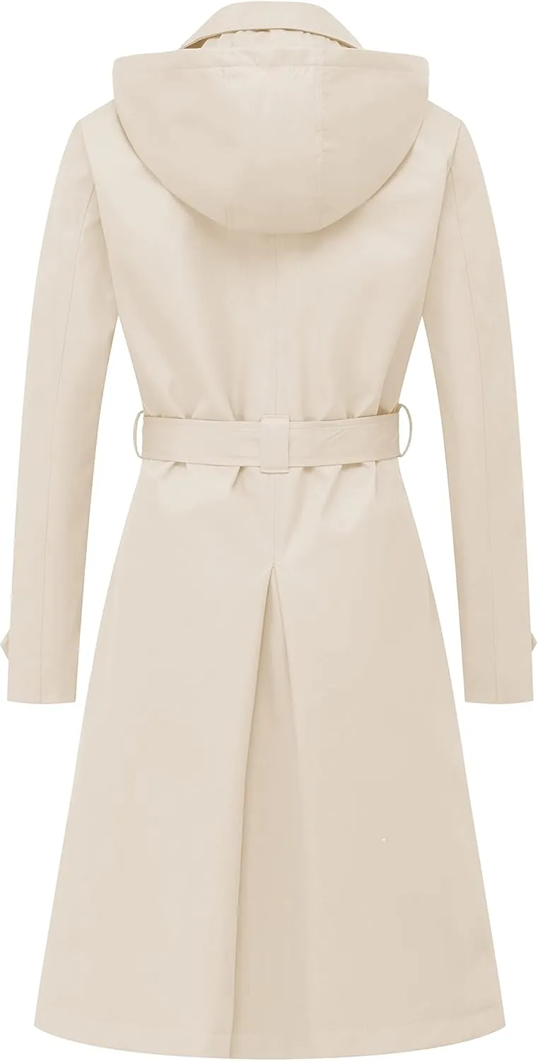 Chrisuno Women's Double Breasted Long Trench Coats Mid-Length Belted Overcoat Dress Jacket with Detachable Hood