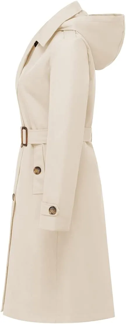 Chrisuno Women's Double Breasted Long Trench Coats Mid-Length Belted Overcoat Dress Jacket with Detachable Hood
