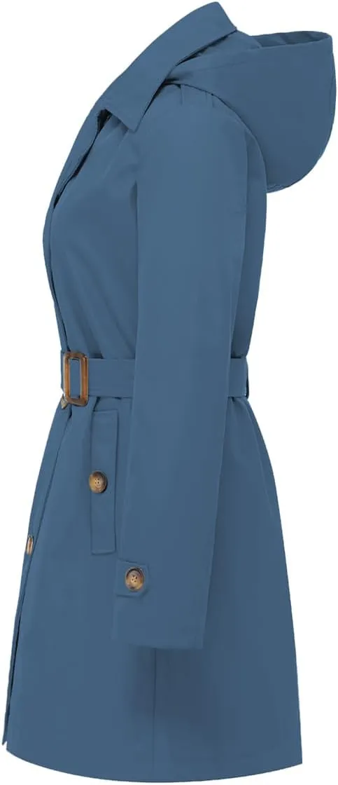 Chrisuno Women's Double Breasted Long Trench Coats Mid-Length Belted Overcoat Dress Jacket with Detachable Hood