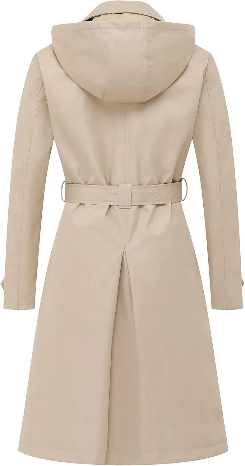 Chrisuno Women's Double Breasted Long Trench Coats Mid-Length Belted Overcoat Dress Jacket with Detachable Hood