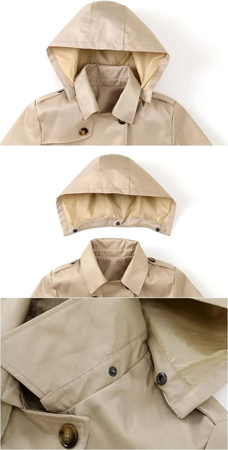 Chrisuno Women's Double Breasted Long Trench Coats Mid-Length Belted Overcoat Dress Jacket with Detachable Hood