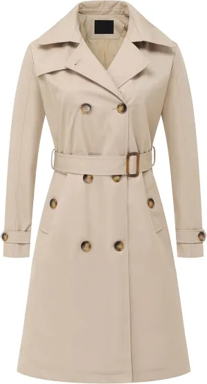 Chrisuno Women's Double Breasted Long Trench Coats Mid-Length Belted Overcoat Dress Jacket with Detachable Hood