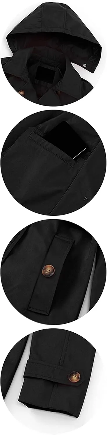 Chrisuno Women's Double Breasted Trench Coats Mid-Length Belted Overcoat Long Dress Jacket with Detachable Hood