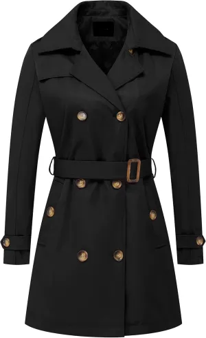 Chrisuno Women's Double Breasted Trench Coats Mid-Length Belted Overcoat Long Dress Jacket with Detachable Hood