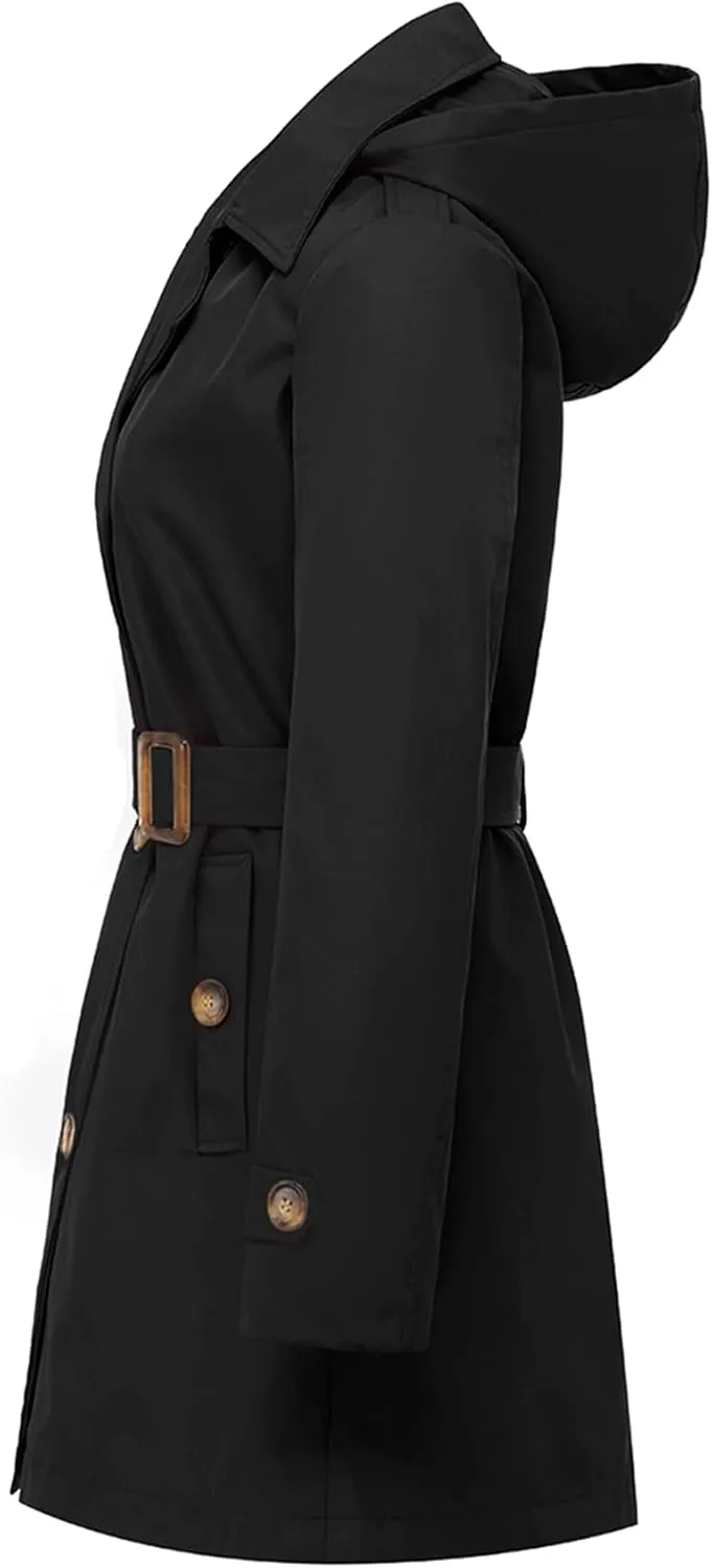 Chrisuno Women's Double Breasted Trench Coats Mid-Length Belted Overcoat Long Dress Jacket with Detachable Hood