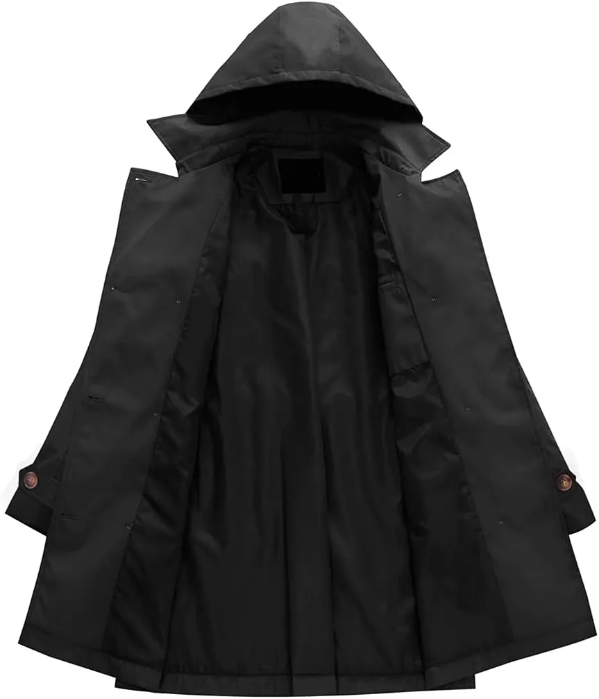 Chrisuno Women's Double Breasted Trench Coats Mid-Length Belted Overcoat Long Dress Jacket with Detachable Hood