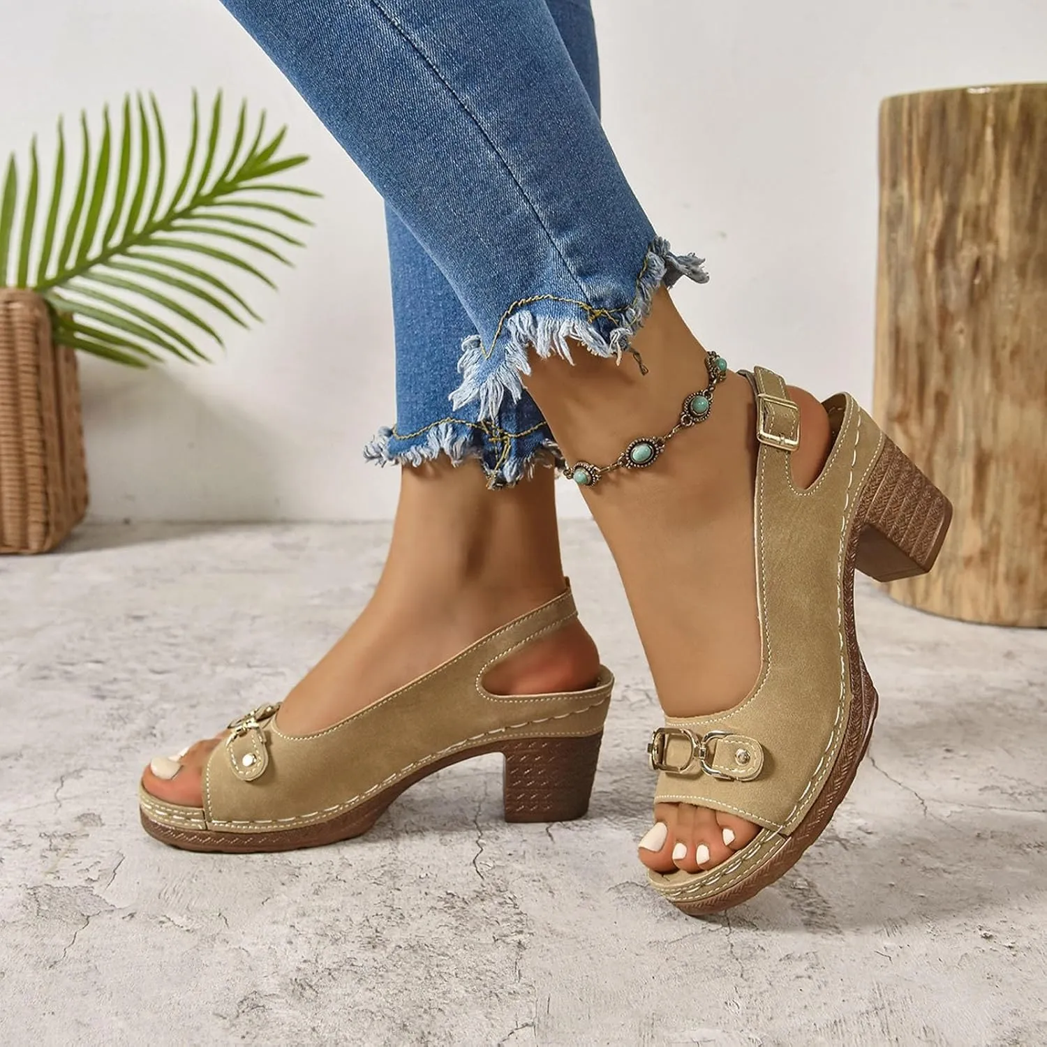 Chunky Heel Sandals Loop Strappy Dressy Casual Sandal Comfy Slingback Block Heel Sandal Business Work Shoes Orthopedic Arch Support Sandals Boho Beach Slip Ons