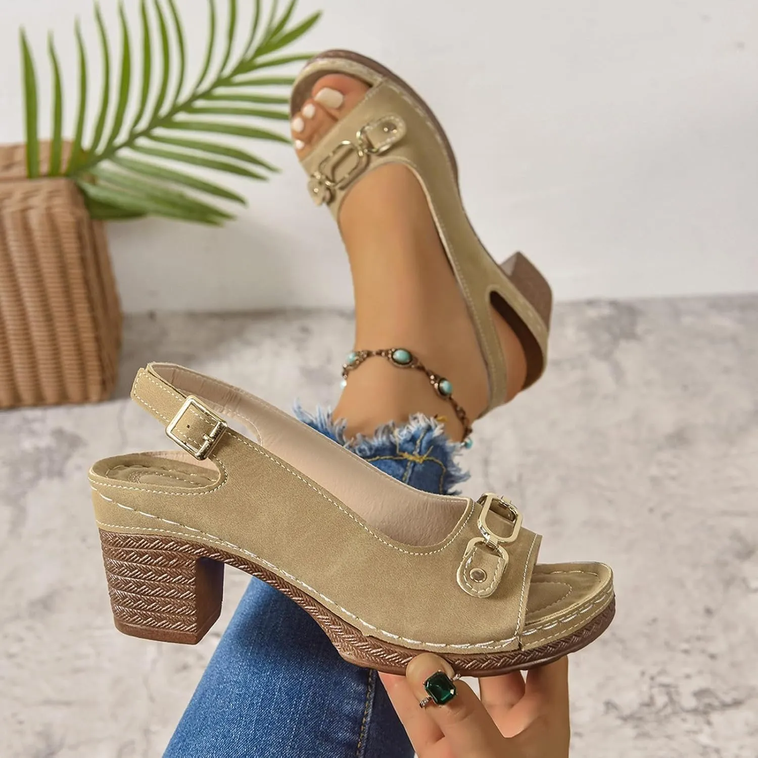 Chunky Heel Sandals Loop Strappy Dressy Casual Sandal Comfy Slingback Block Heel Sandal Business Work Shoes Orthopedic Arch Support Sandals Boho Beach Slip Ons