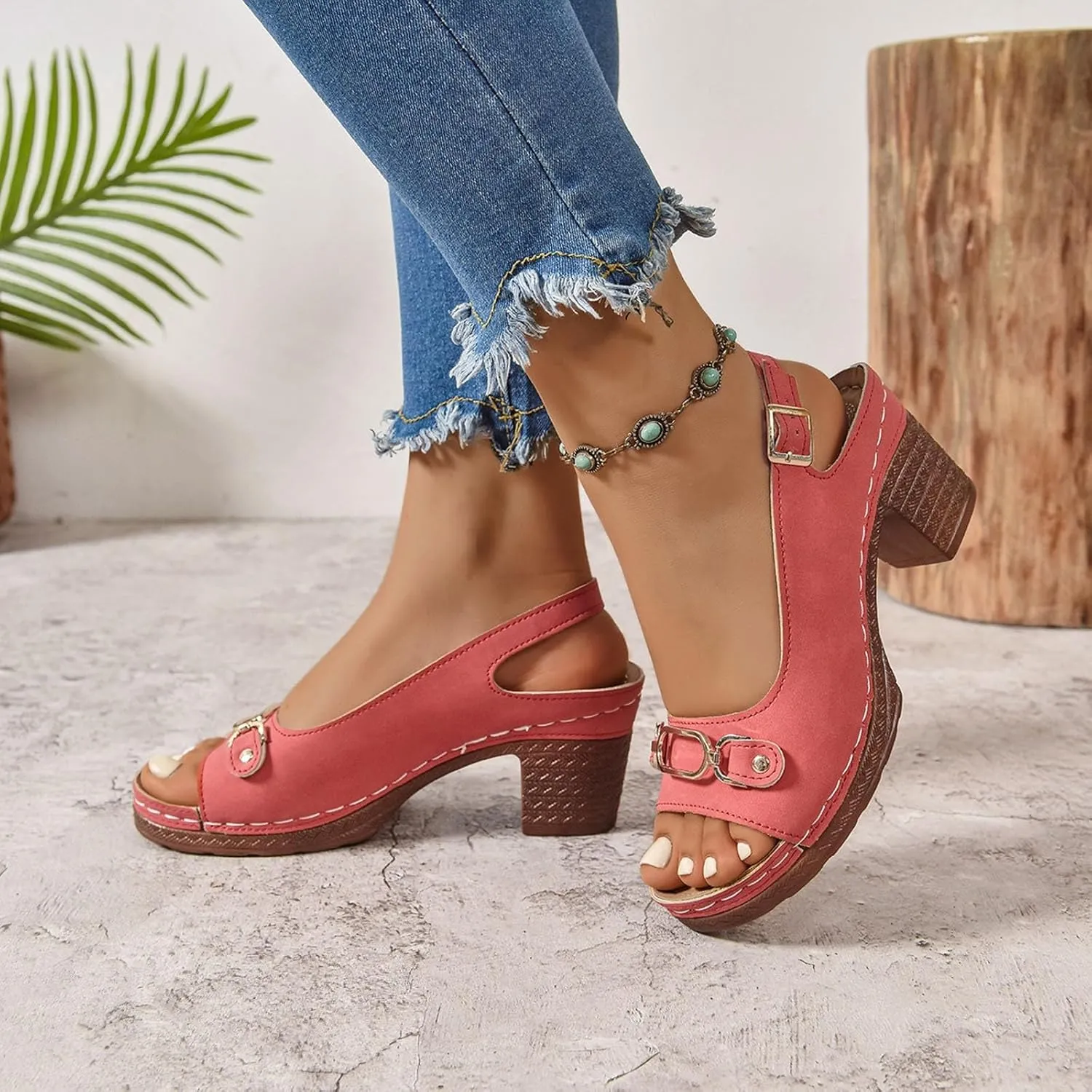 Chunky Heel Sandals Loop Strappy Dressy Casual Sandal Comfy Slingback Block Heel Sandal Business Work Shoes Orthopedic Arch Support Sandals Boho Beach Slip Ons