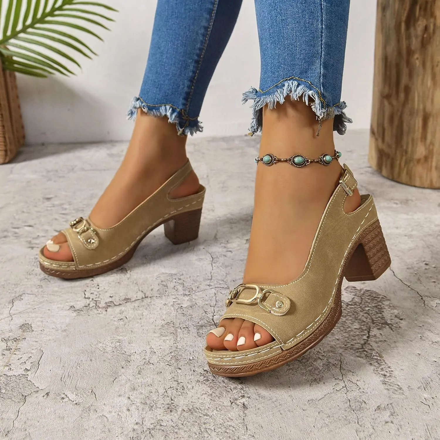 Chunky Heel Sandals Loop Strappy Dressy Casual Sandal Comfy Slingback Block Heel Sandal Business Work Shoes Orthopedic Arch Support Sandals Boho Beach Slip Ons