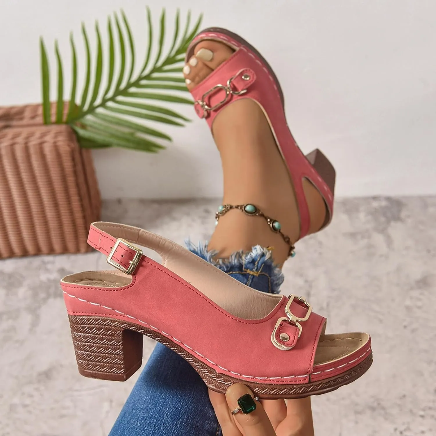 Chunky Heel Sandals Loop Strappy Dressy Casual Sandal Comfy Slingback Block Heel Sandal Business Work Shoes Orthopedic Arch Support Sandals Boho Beach Slip Ons