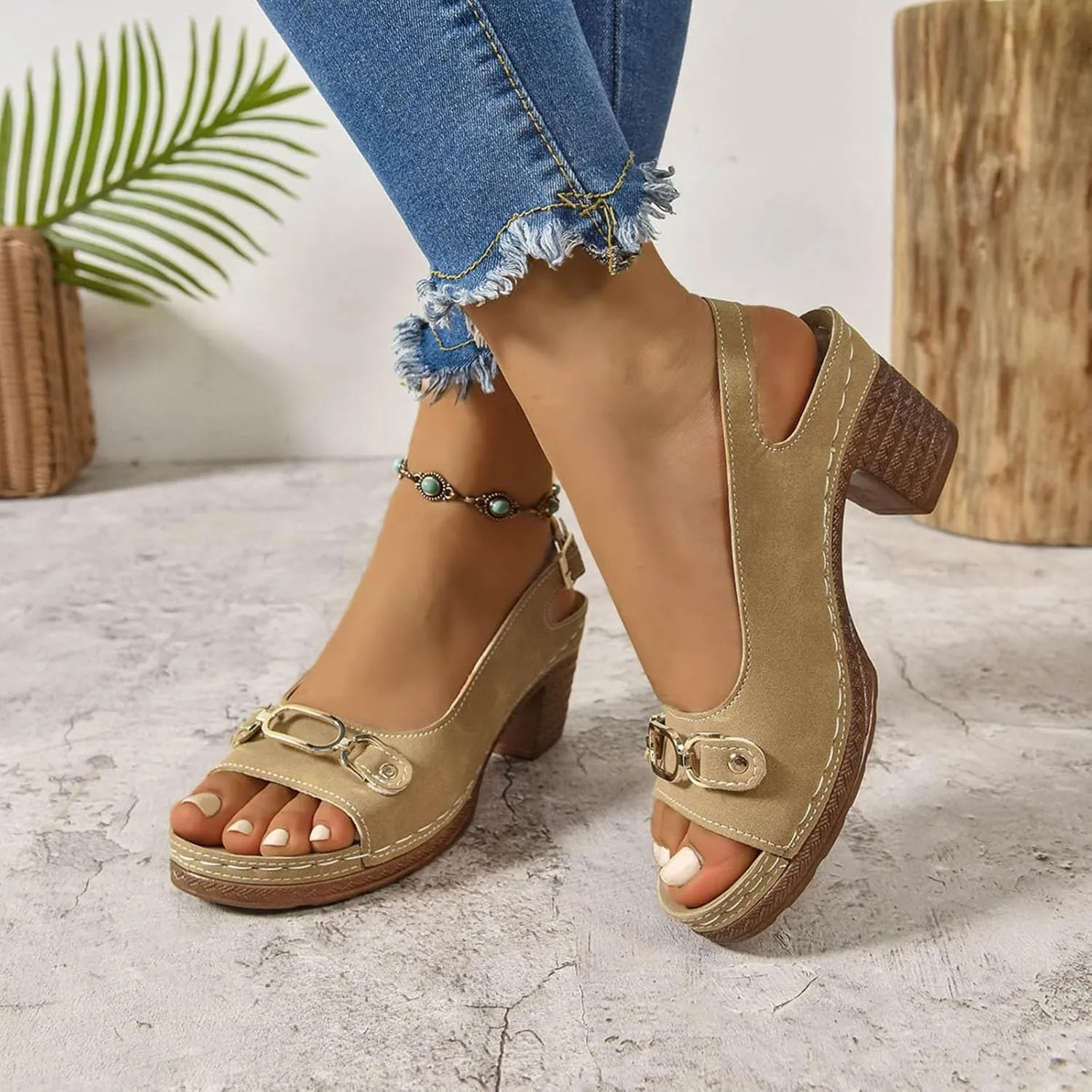 Chunky Heel Sandals Loop Strappy Dressy Casual Sandal Comfy Slingback Block Heel Sandal Business Work Shoes Orthopedic Arch Support Sandals Boho Beach Slip Ons