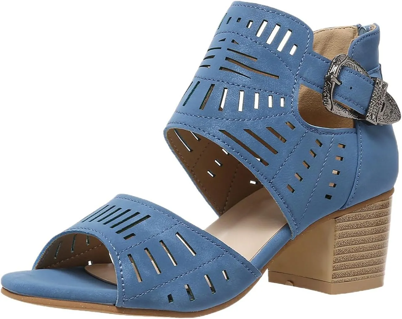 Chunky Heels for Women Dressy Open Toe Sandals Office Roman Style Hollow Out Summer Sandals Ankle Strap Casual Sandal Breathable Cutout Wedges Ladies Fashion Shoes Beach Vacation Footwear 2025