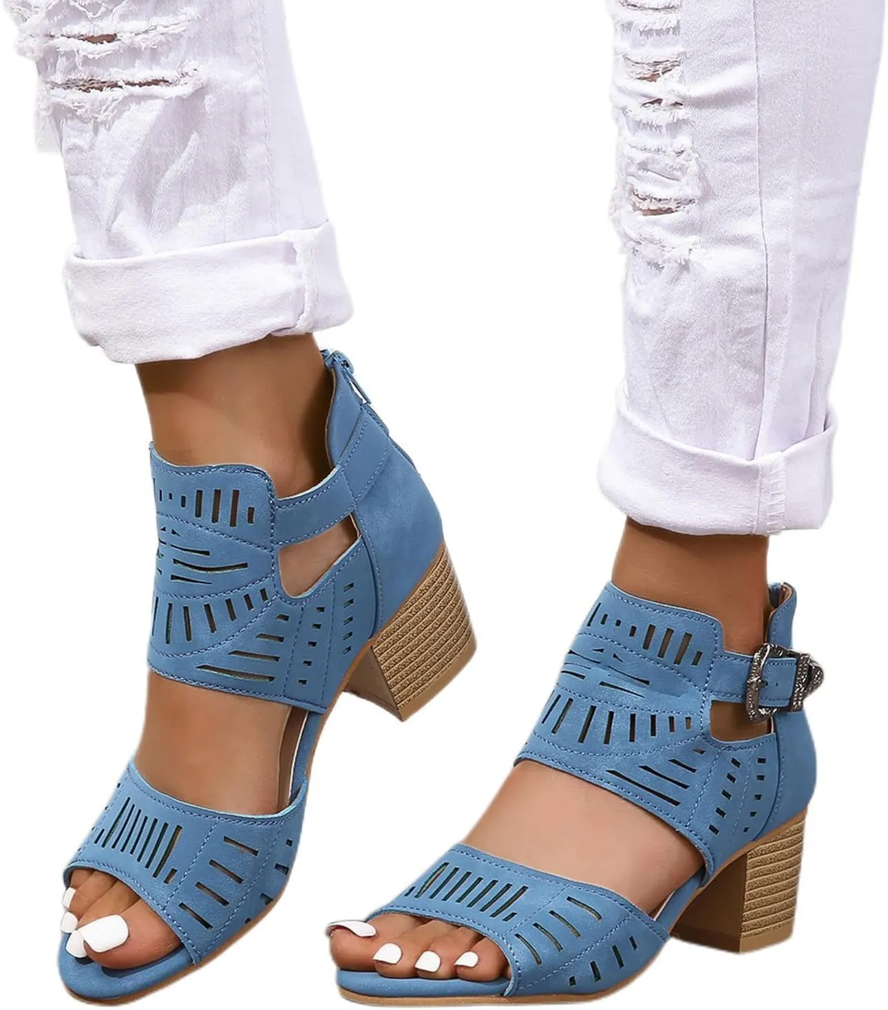 Chunky Heels for Women Dressy Open Toe Sandals Office Roman Style Hollow Out Summer Sandals Ankle Strap Casual Sandal Breathable Cutout Wedges Ladies Fashion Shoes Beach Vacation Footwear 2025