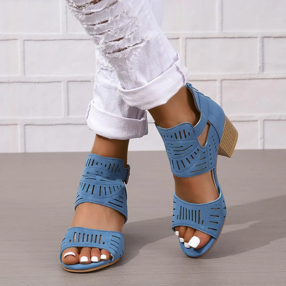 Chunky Heels for Women Dressy Open Toe Sandals Office Roman Style Hollow Out Summer Sandals Ankle Strap Casual Sandal Breathable Cutout Wedges Ladies Fashion Shoes Beach Vacation Footwear 2025