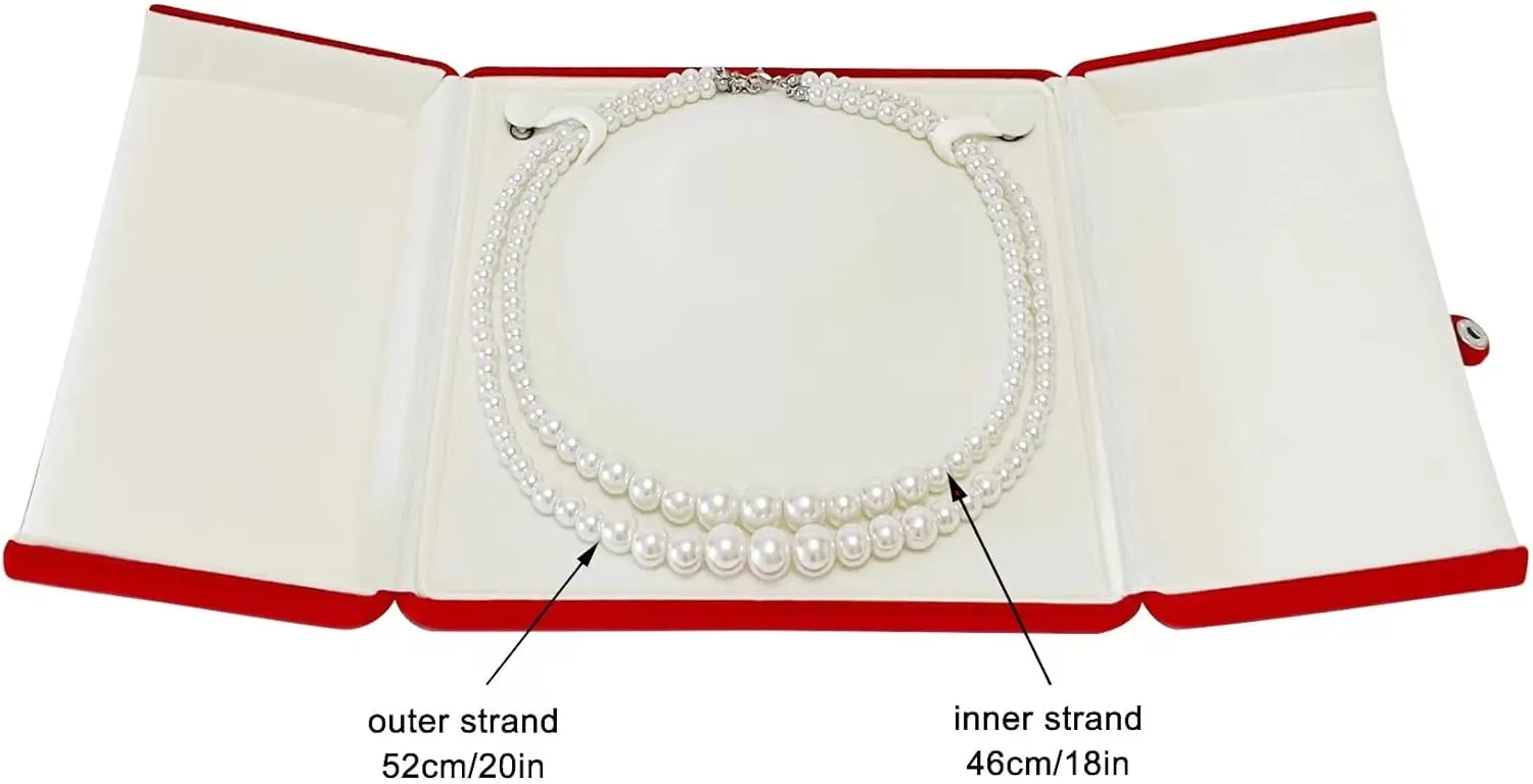 Classic Pearl Necklace Present Box Case Large Banquet Necklace Box Premium Grade Red Velvet Storage Case Packaging Unique Design (jewelry not included)