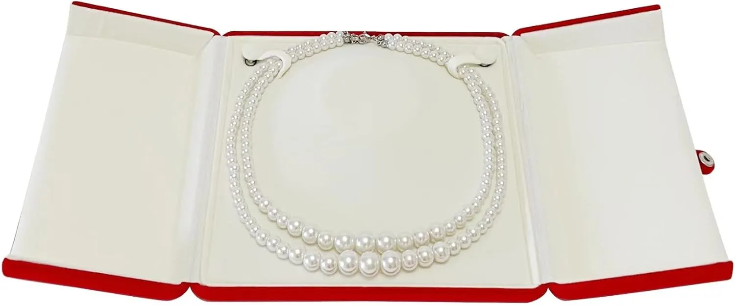 Classic Pearl Necklace Present Box Case Large Banquet Necklace Box Premium Grade Red Velvet Storage Case Packaging Unique Design (jewelry not included)