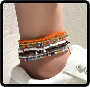 Clataly 7Pcs Anklet Bracelets Handmade Elastic Beaded Ankle Colorful Beads Foot Chain Summer Foot Jewelry Set for Women