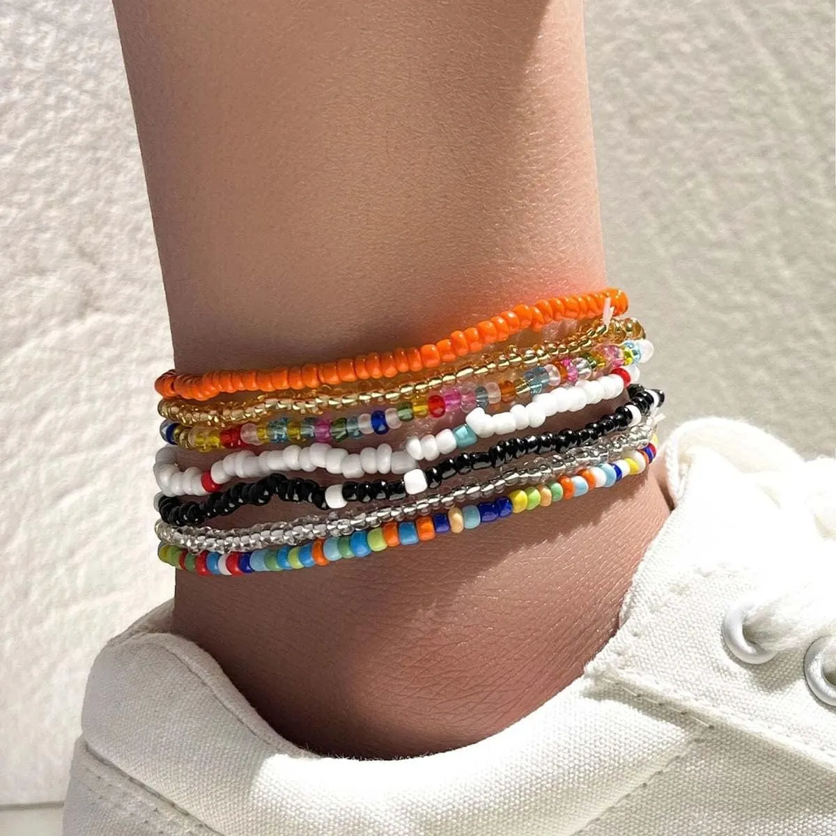 Clataly 7Pcs Anklet Bracelets Handmade Elastic Beaded Ankle Colorful Beads Foot Chain Summer Foot Jewelry Set for Women