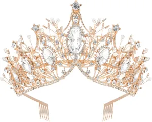 COCIDE Rose Gold Crowns for Women Tiaras for Women Crystal Rhinestones Baroque Tiara for Girls Bead Queen Princess Hair Accessories for Mermaid Birthday Party Bride Prom Halloween Costume Cosplay