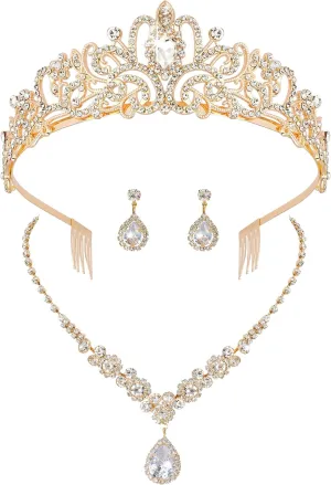 COCIDE Silver Jewelry Set for Women Crystal Tiara and Necklace Kit for Girls Rhinestone Crown Earrings Neck Accessories for Bride Wedding Birthday Party Bridal Prom Bridesmaid Dress up