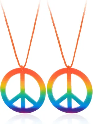 Colorful Love Peace Symbol Pendant Necklace Set Long Hippie Halloween Rainbow for Women Men 1960s 1970s Party Hipster Accessories