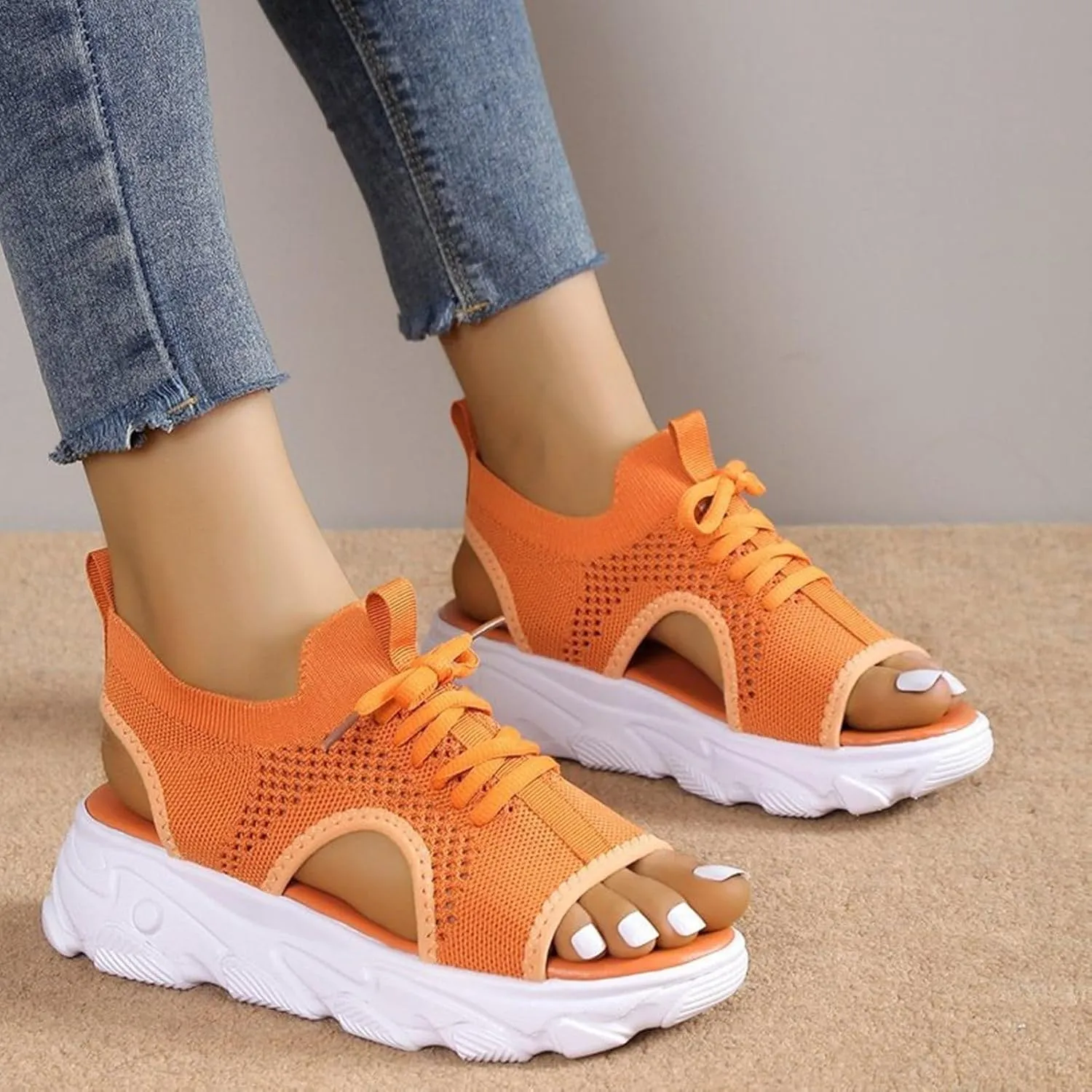 Contrast Paneled Cutout Lace-Up Muffin Sandals for Women Open Toe Slip On Muffin Sandals for Women Sports Platform Woven Sandal Lightweight Breathable Walking Going Out Sandal