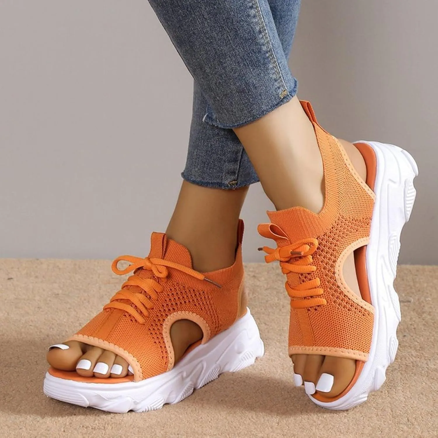 Contrast Paneled Cutout Lace-Up Muffin Sandals for Women Open Toe Slip On Muffin Sandals for Women Sports Platform Woven Sandal Lightweight Breathable Walking Going Out Sandal