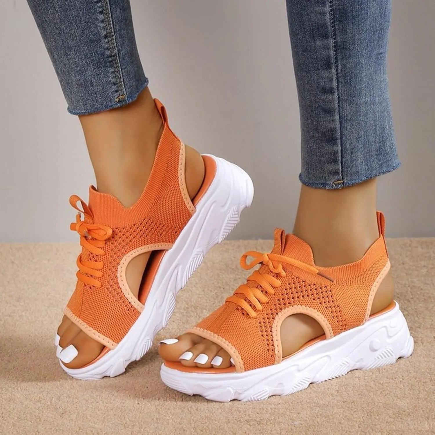 Contrast Paneled Cutout Lace-Up Muffin Sandals for Women Open Toe Slip On Muffin Sandals for Women Sports Platform Woven Sandal Lightweight Breathable Walking Going Out Sandal