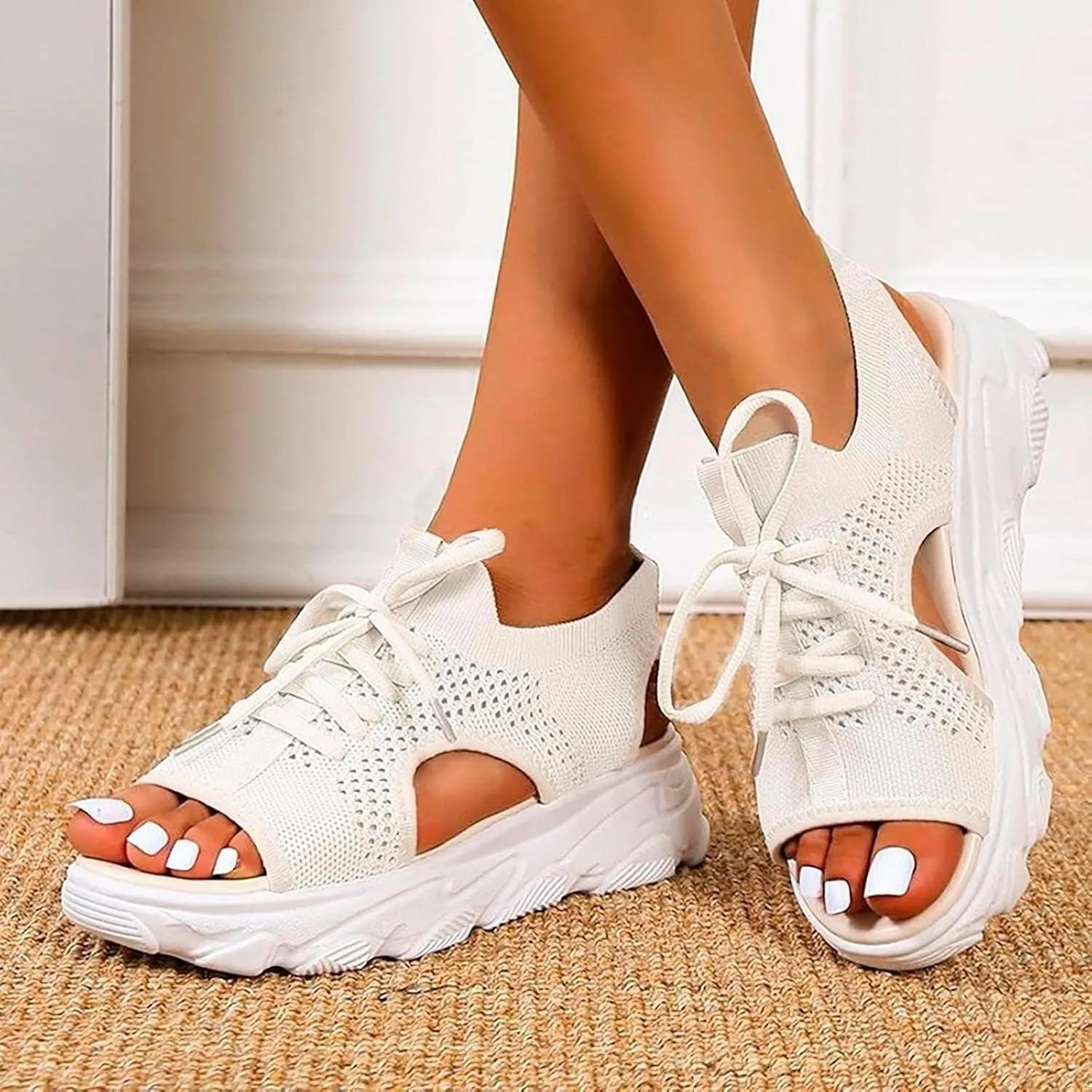 Contrast Paneled Cutout Lace-Up Muffin Sandals for Women Open Toe Slip On Muffin Sandals for Women Sports Platform Woven Sandal Lightweight Breathable Walking Going Out Sandal