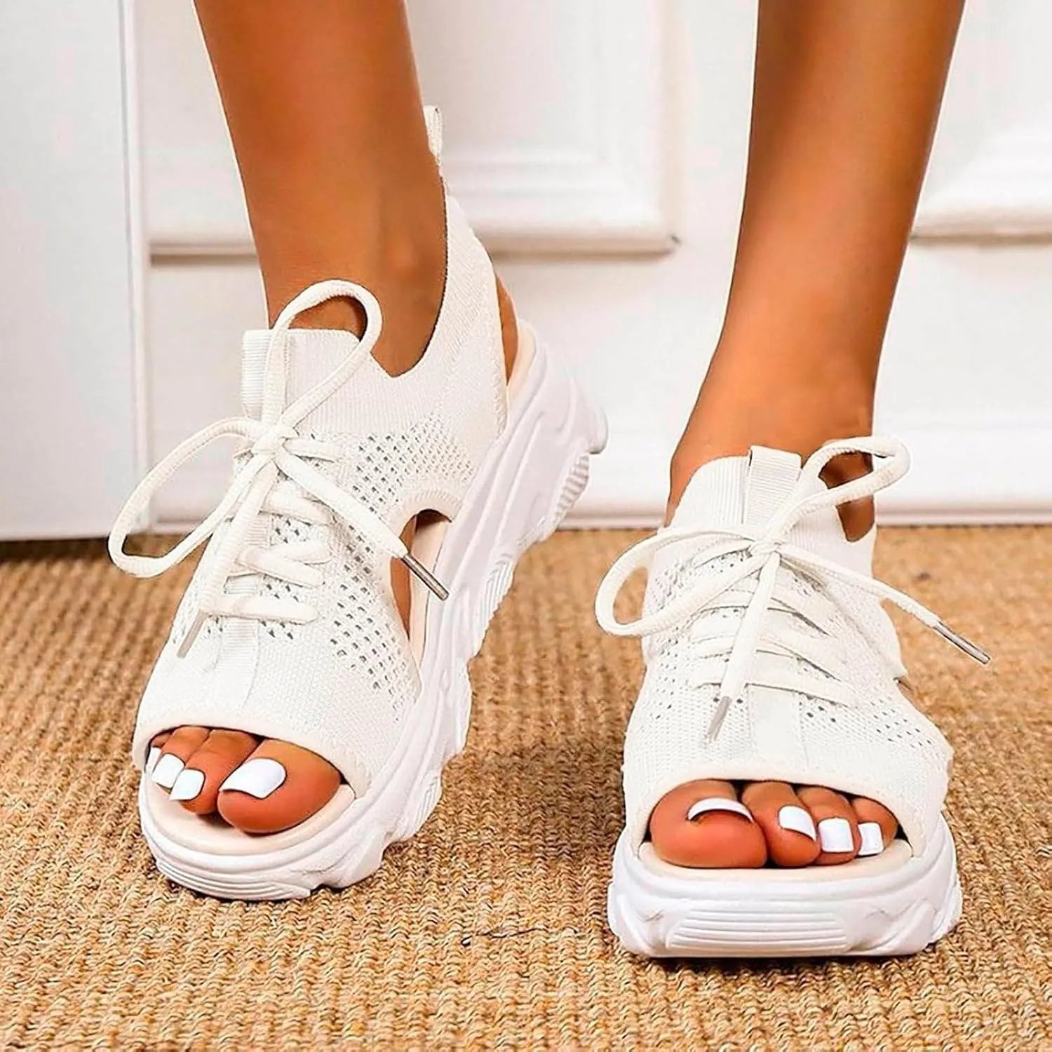 Contrast Paneled Cutout Lace-Up Muffin Sandals for Women Open Toe Slip On Muffin Sandals for Women Sports Platform Woven Sandal Lightweight Breathable Walking Going Out Sandal