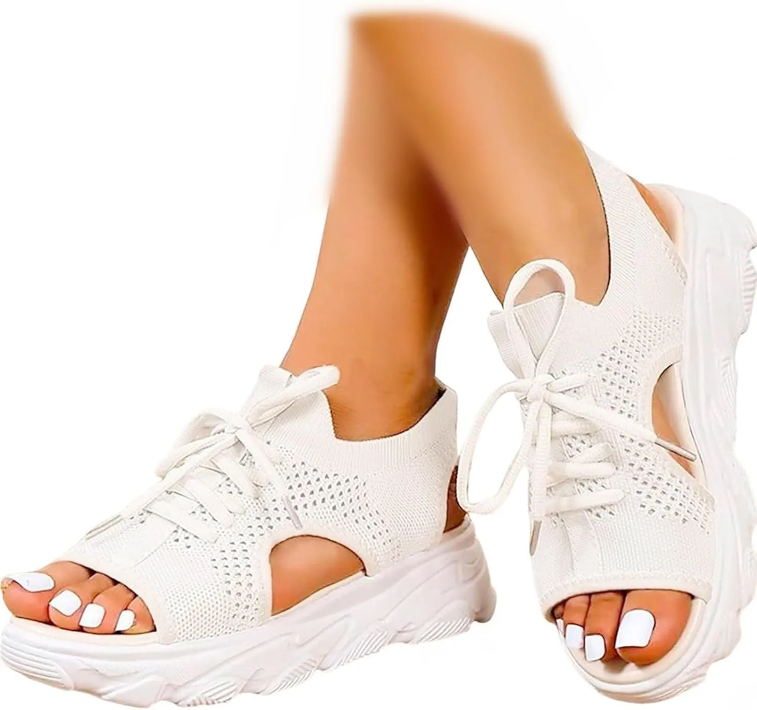 Contrast Paneled Cutout Lace-Up Muffin Sandals for Women Open Toe Slip On Muffin Sandals for Women Sports Platform Woven Sandal Lightweight Breathable Walking Going Out Sandal