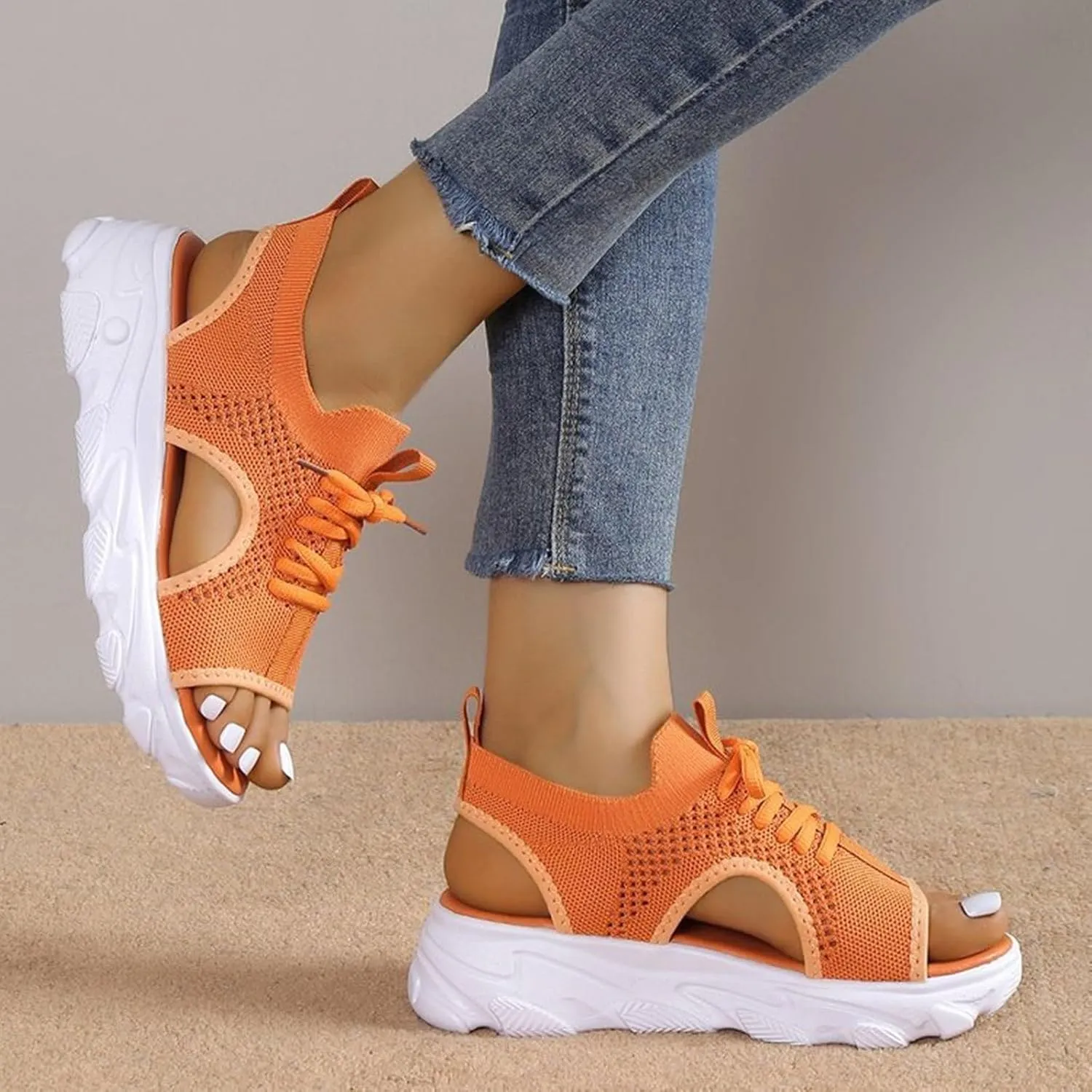 Contrast Paneled Cutout Lace-Up Muffin Sandals for Women Open Toe Slip On Muffin Sandals for Women Sports Platform Woven Sandal Lightweight Breathable Walking Going Out Sandal