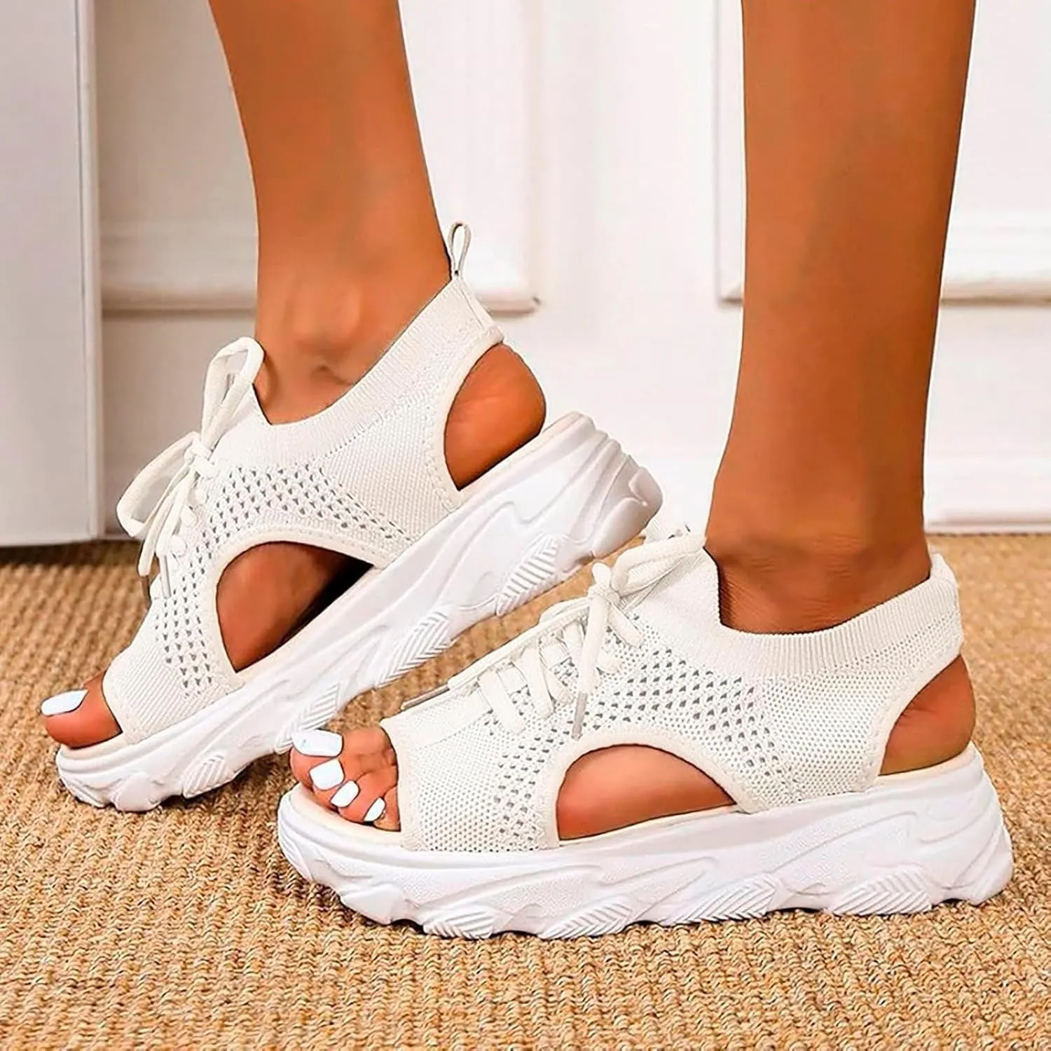 Contrast Paneled Cutout Lace-Up Muffin Sandals for Women Open Toe Slip On Muffin Sandals for Women Sports Platform Woven Sandal Lightweight Breathable Walking Going Out Sandal