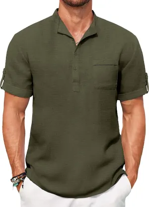 COOFANDY Henley Shirts for Men Short Sleeve Band Collar Casual Shirt Summer Hippie Vacation Beach T Shirts with Pocket