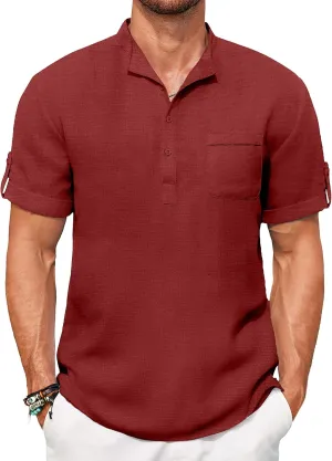 COOFANDY Henley Shirts for Men Short Sleeve Band Collar Casual Shirt Summer Hippie Vacation Beach T Shirts with Pocket