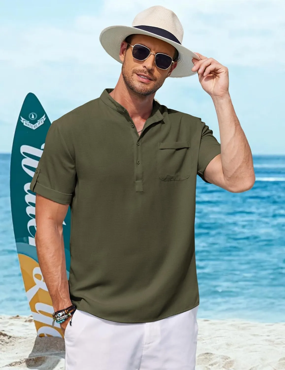 COOFANDY Henley Shirts for Men Short Sleeve Band Collar Casual Shirt Summer Hippie Vacation Beach T Shirts with Pocket