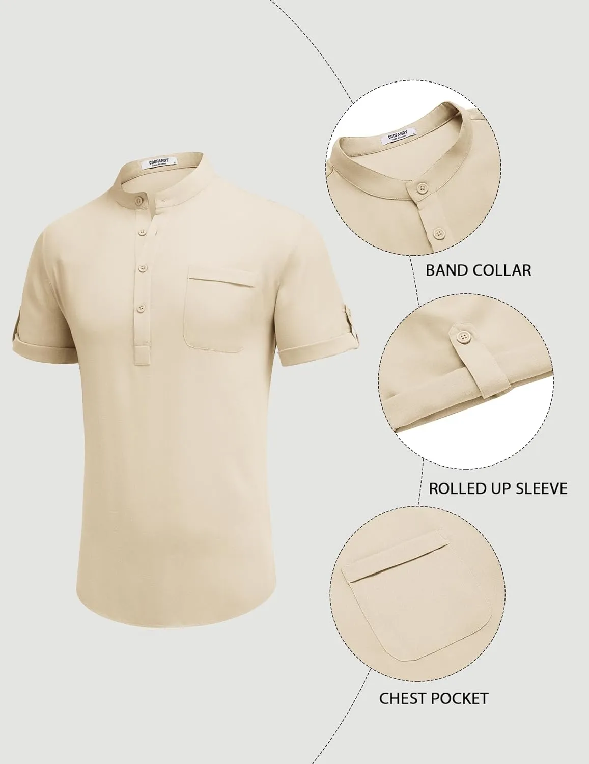 COOFANDY Henley Shirts for Men Short Sleeve Band Collar Casual Shirt Summer Hippie Vacation Beach T Shirts with Pocket