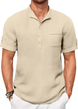 COOFANDY Henley Shirts for Men Short Sleeve Band Collar Casual Shirt Summer Hippie Vacation Beach T Shirts with Pocket