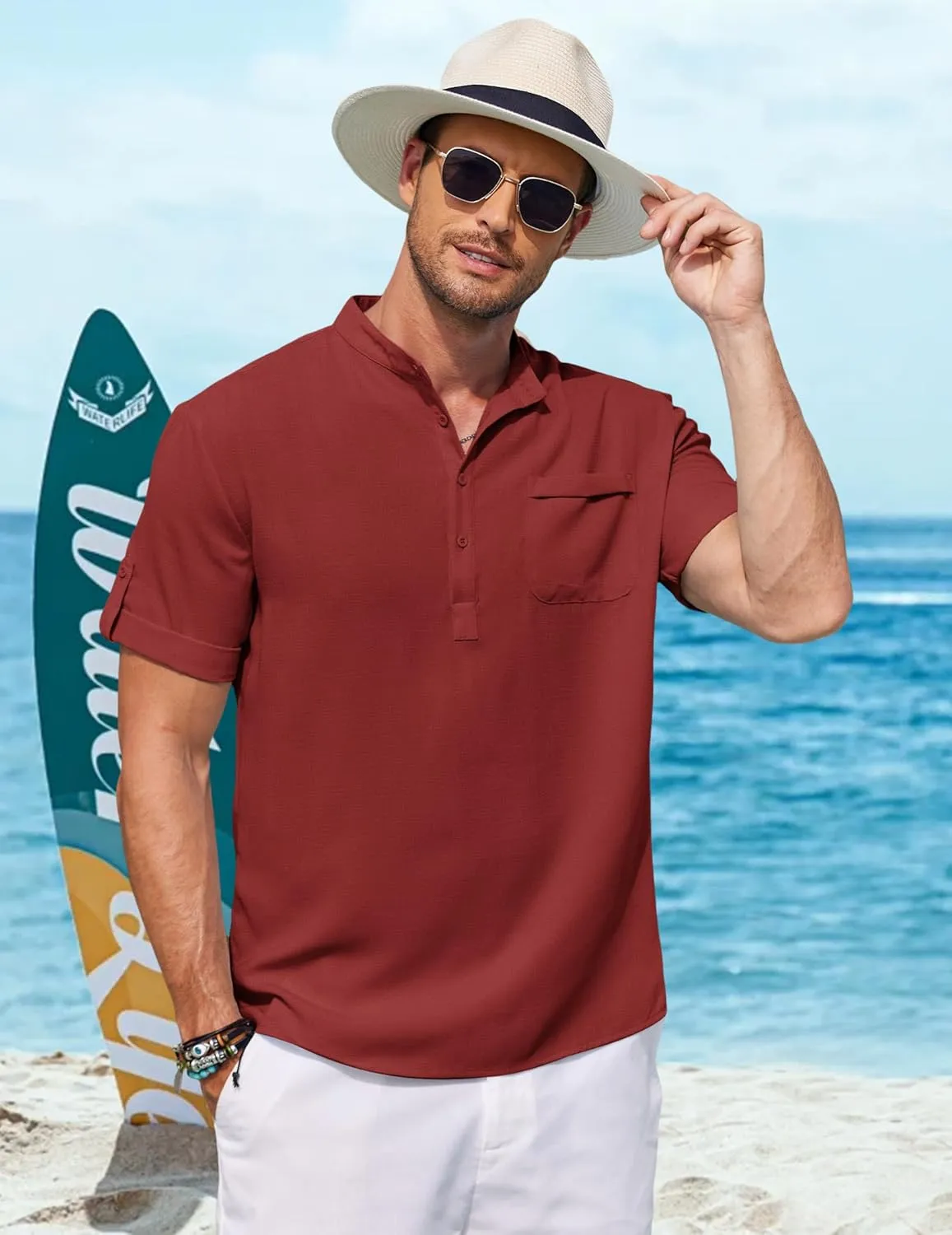 COOFANDY Henley Shirts for Men Short Sleeve Band Collar Casual Shirt Summer Hippie Vacation Beach T Shirts with Pocket