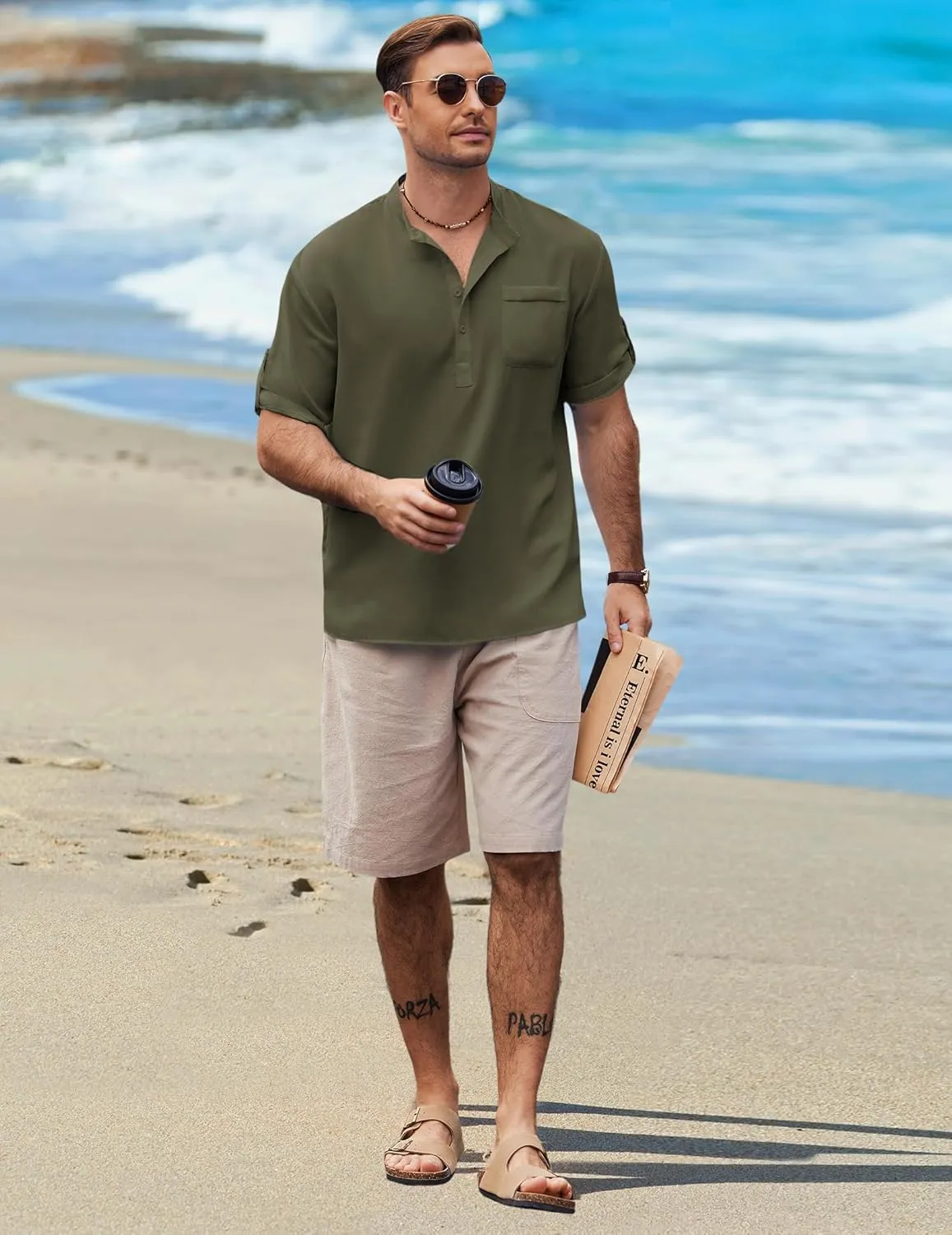 COOFANDY Henley Shirts for Men Short Sleeve Band Collar Casual Shirt Summer Hippie Vacation Beach T Shirts with Pocket